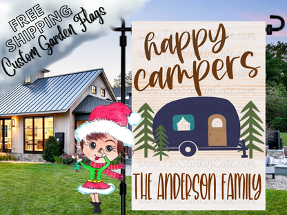 Happy Campers garden flag with a navy camper, pine trees and Anderson family name.