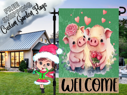 Pig Couple Garden Flag,Couple Flag,Wedding Flag,Engaged Flag,Valentine Pig Flag,Welcome Flag,Personalized Flag,Spring Garden Flag,Farmhouse