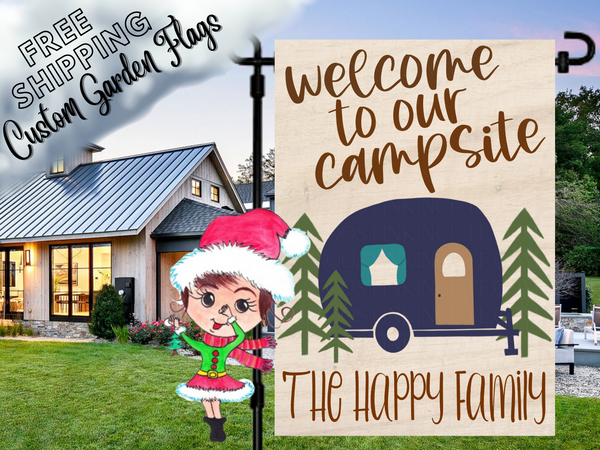 Welcome to our Campsite Personalized Garden Flag|Camping Flag|Campsite Flag|Camper Garden Flag|Happy Camper Garden Flag|Mailbox Flag
