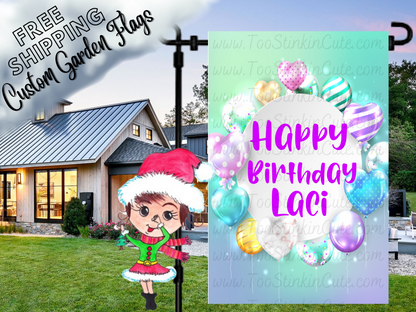 Happy Birthday Laci garden flag mockup with pastel heart-shaped balloons around a circular greeting.