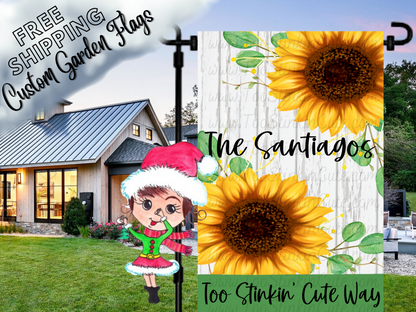 Sunflower garden flag mockup with Santiago family name and address lettering on white wood print.