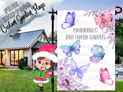 Grandma’s Butterfly Garden flag with pastel pink, purple and blue butterflies and purple flowers on a white background.