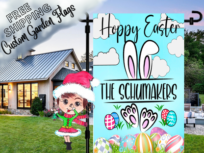 Turquoise Happy Easter garden flag mockup with bunny ears and feet, colorful eggs and Schumakers family name.