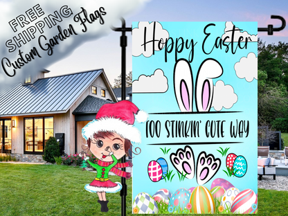 Happy Easter garden flag mockup with bunny ears and feet, clouds, colorful eggs and address lettering on turquoise.