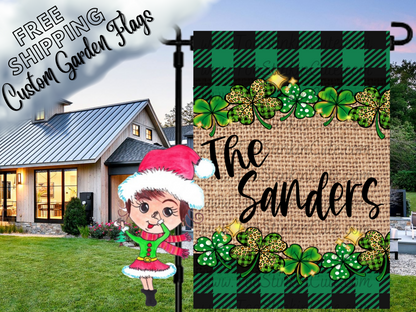 St. Patrick's Day garden flag mockup with shamrock borders, green check print and Sanders family-name lettering.