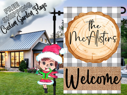 Gray checked welcome garden flag mockup with a wood-slice design and McAlisters family-name lettering.