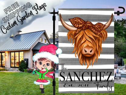 Gray striped garden flag mockup with a Highland cow, leopard-print bow and Sanchez family-name lettering.