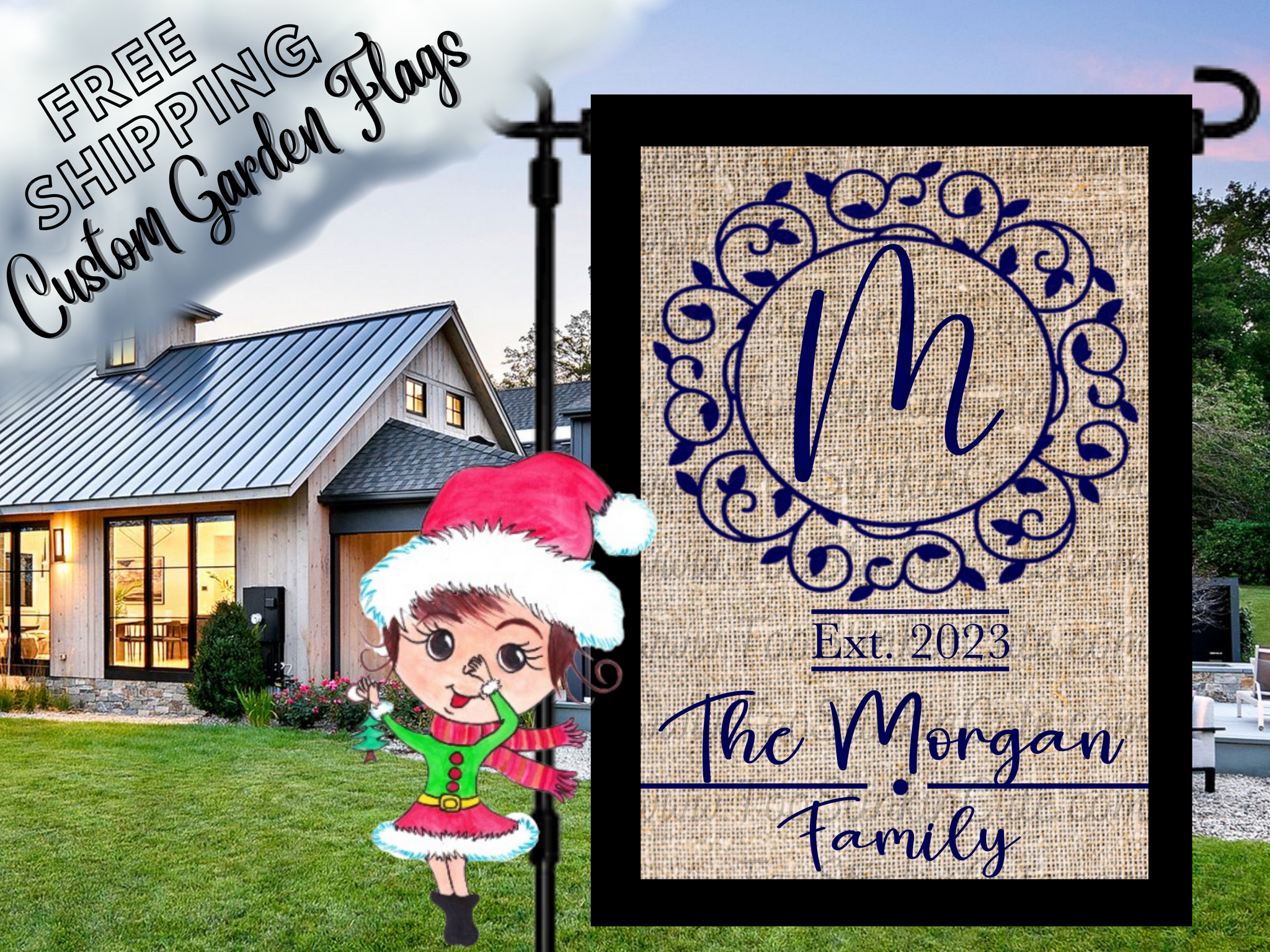 Custom Personalized Blue Monogram Welcome Garden Flag|Monogram Housewarming Flag|Monogram Garden Flag|Burlap Monogram Welcome Family Flag