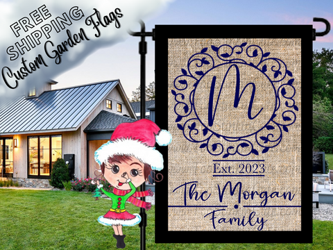 Custom Personalized Blue Monogram Welcome Garden Flag|Monogram Housewarming Flag|Monogram Garden Flag|Burlap Monogram Welcome Family Flag