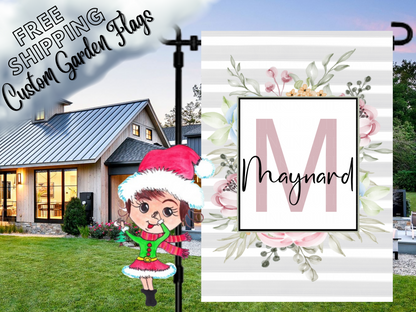 Light striped garden flag mockup with a pink M monogram, Maynard name and pastel floral wreath.