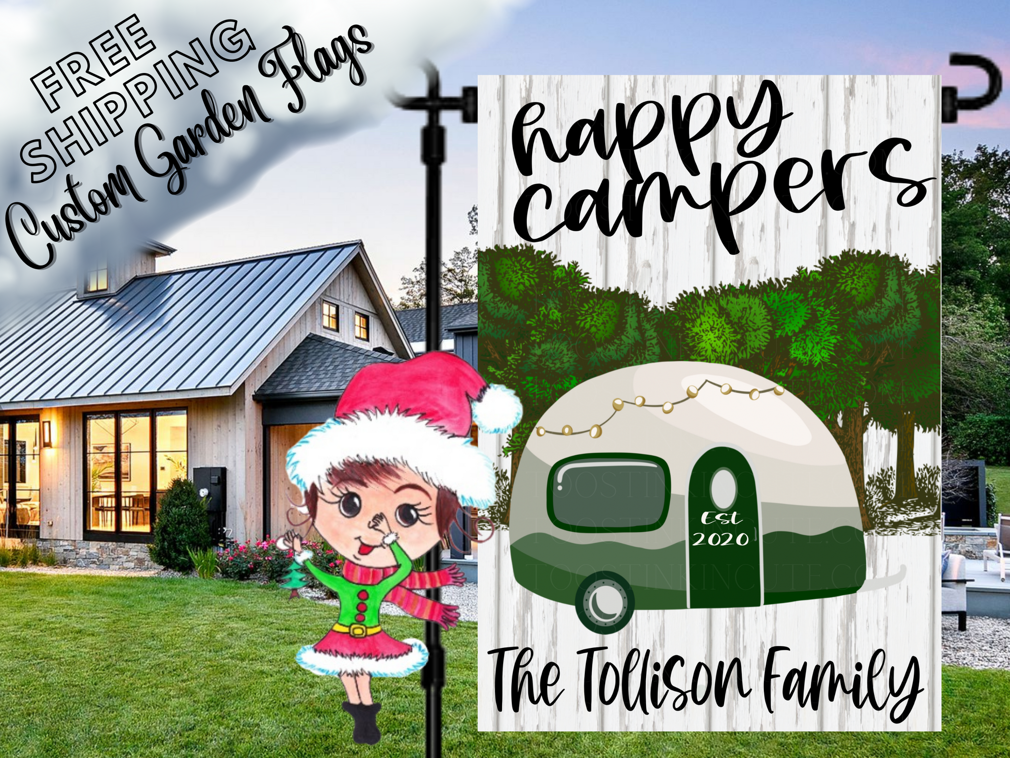 Custom Green Happy Camper Flag|Personalized Happy Camper Garden Flag|Camping Flag|Campsite Flag|Camper Gift|RV Flag|Campground Flag|Camper