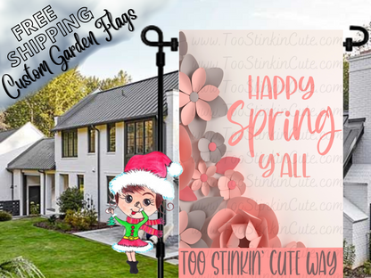 Happy Spring Y'all garden flag mockup with pink flowers and address lettering along the bottom.