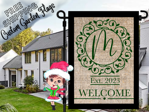 Custom Personalized Green Monogram Welcome Garden Flag|Monogram Housewarming Flag|Monogram Garden Flag|Burlap Monogram Welcome Family Flag