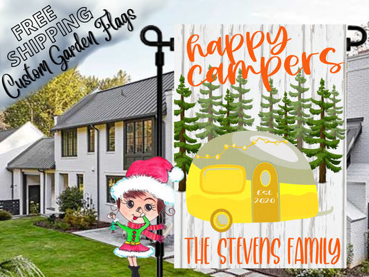 Personalized Yellow Camper Flag|Custom Camper Flag|Campsite Flag|Campground Flag|RV Flag|Happy Camper Flag|Retro Camper FlagTent Flag
