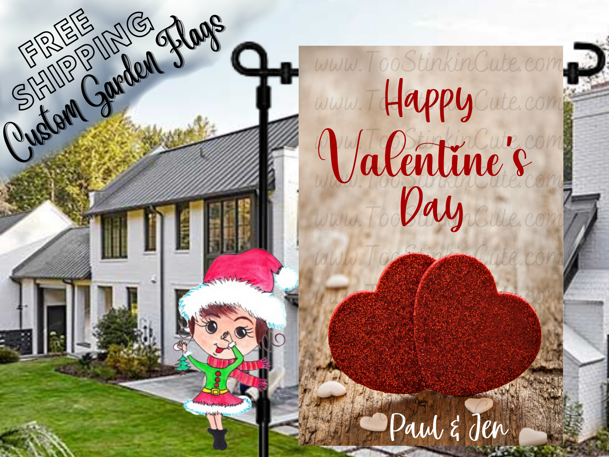 Glitter Hearts Valentine's Day Personalized Garden Flag|Personalized Flag|Valentines Day Flag|Hearts Garden Flag|Valentines Garden Flag|Heart Flag|Mailbox