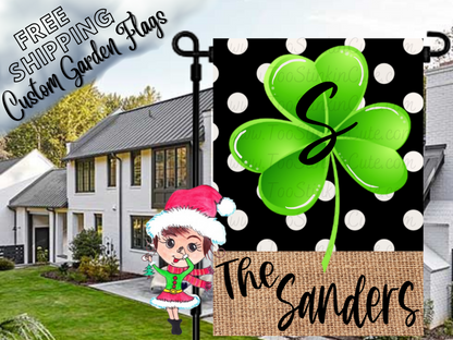 St. Patrick's Day garden flag mockup with a shamrock, black S monogram, white polka dots and Sanders family name.