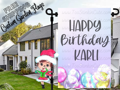 Happy Birthday garden flag mockup with Karli example name and colorful balloons on a pale purple background.