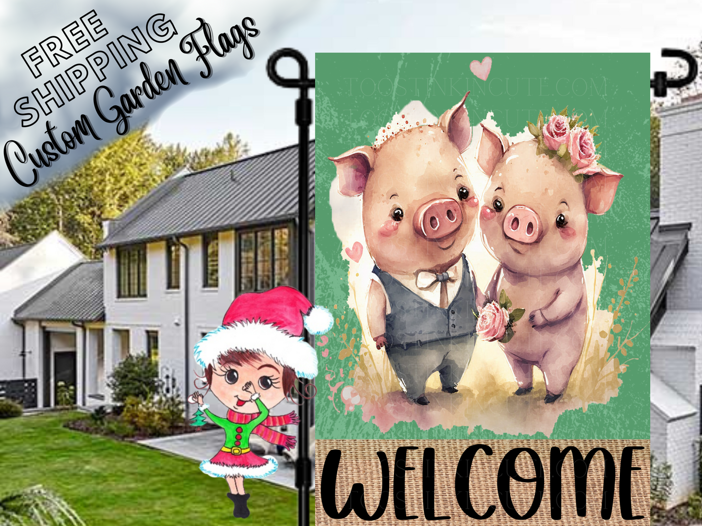 Couple Garden Flag,Pig Couple Flag,Wedding Flag,Engaged Flag,Welcome Flag,Personalized Flag,Spring Garden Flag,Farmhouse,Valentine Pig Flag