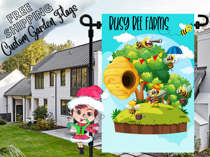 Busy Bee Farms garden flag mockup with a golden beehive, busy cartoon bees, a tree and bunting on turquoise.