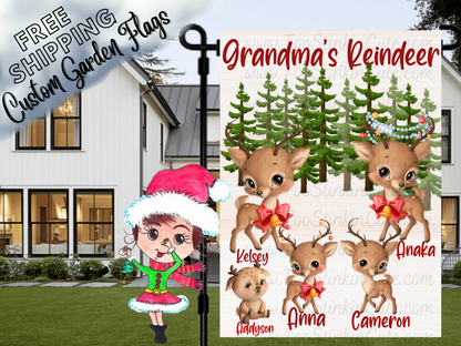 Grandma's Reindeer garden flag mockup with named cartoon reindeer, a named dog and pine trees.