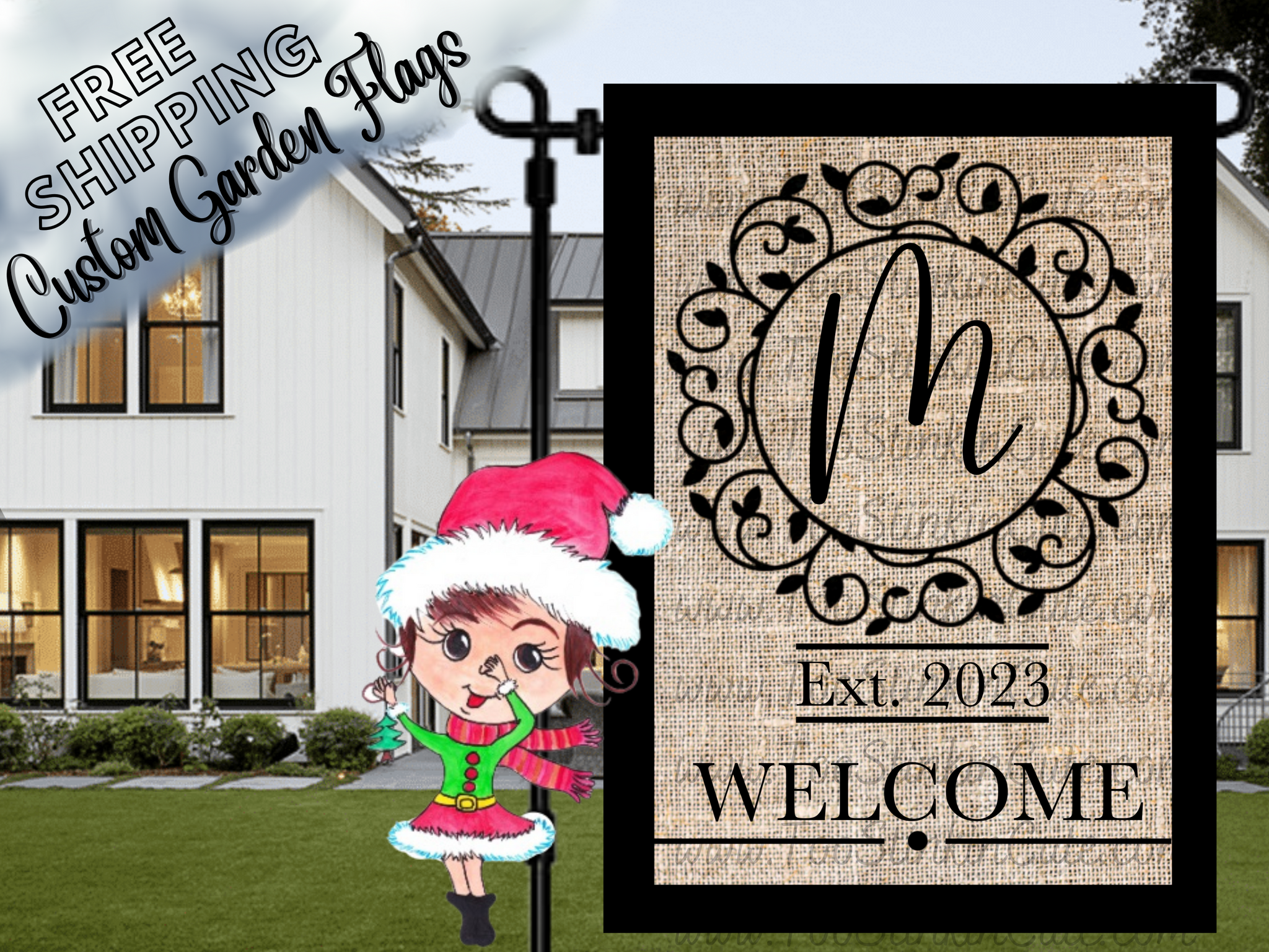Custom Personalized  Monogram Welcome Garden Flag|Monogram Housewarming Flag|Monogram Garden Flag|Burlap Monogram Welcome Flag|Family Garden