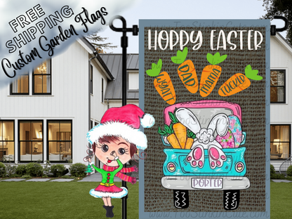 Gray textured-print Happy Easter garden flag mockup with a turquoise truck, bunny feet, eggs and named carrots.