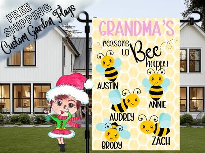 Grandma's reasons to bee happy garden flag mockup with named bees on a yellow honeycomb background.