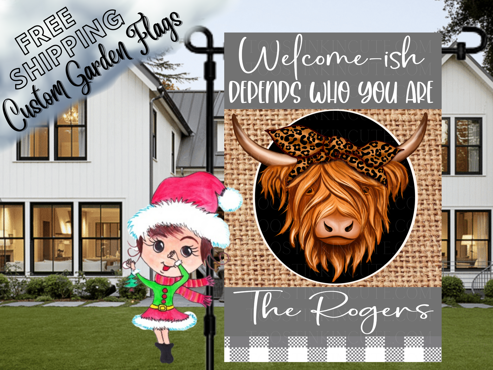 Burlap Highland Cow Garden Flag,Cow Flag,Welcome-ish Flag,Family Flag,Custom Flag,Flag for Garden,Fuzzy Cow,Spring Flag,Welcome Flag,Calf
