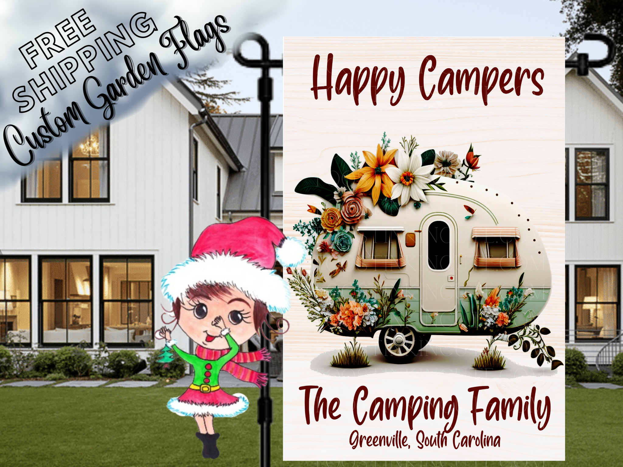 Floral Camper Flag,Happier Camper,Happy Camper Flag,Custom Garden Flag,Campsite Flag,Camping RV Flag,Camping Garden Flag,Camper Garden Flag