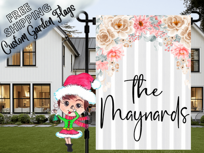 Maynards family garden flag with cream and pink flowers across the top and a pale gray vertical stripe background.