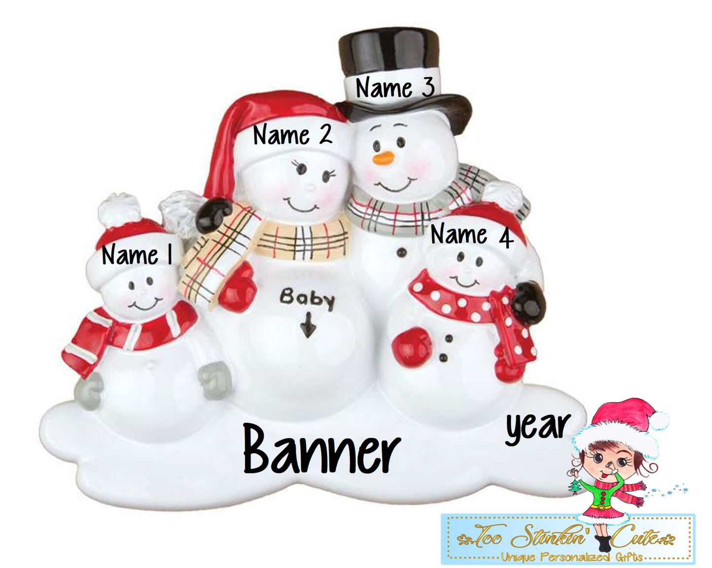 We're Expecting Snowman Family of 5 Personalized Christmas Ornament