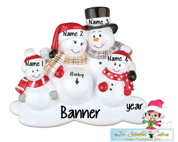 We're Expecting Snowman Family of 5 Personalized Christmas Ornament