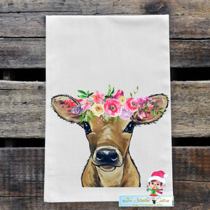 Farmhouse Calf Cow with Spring Flowers Flour Sack Towel/ Tea Towel