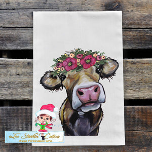 Cow with Pink Flowers Flour Sack Towel/ Tea Towel