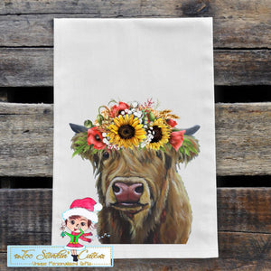 Highland Cow with Sunflowers Flour Sack Towel/ Tea Towel