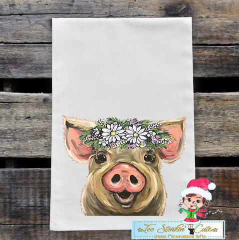 Pig with White Daisy Flowers Flour Sack Towel/ Tea Towel