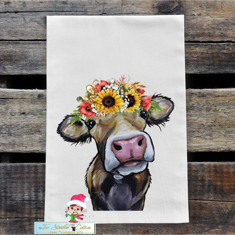 Farmhouse Cow with Sunflowers Flour Sack Towel/ Tea Towel