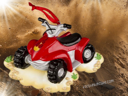 Christmas Ornament showing red ATV with chunky black tires and sandy name base.