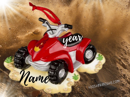 Christmas Ornament showing red ATV with chunky black tires and sandy name base.