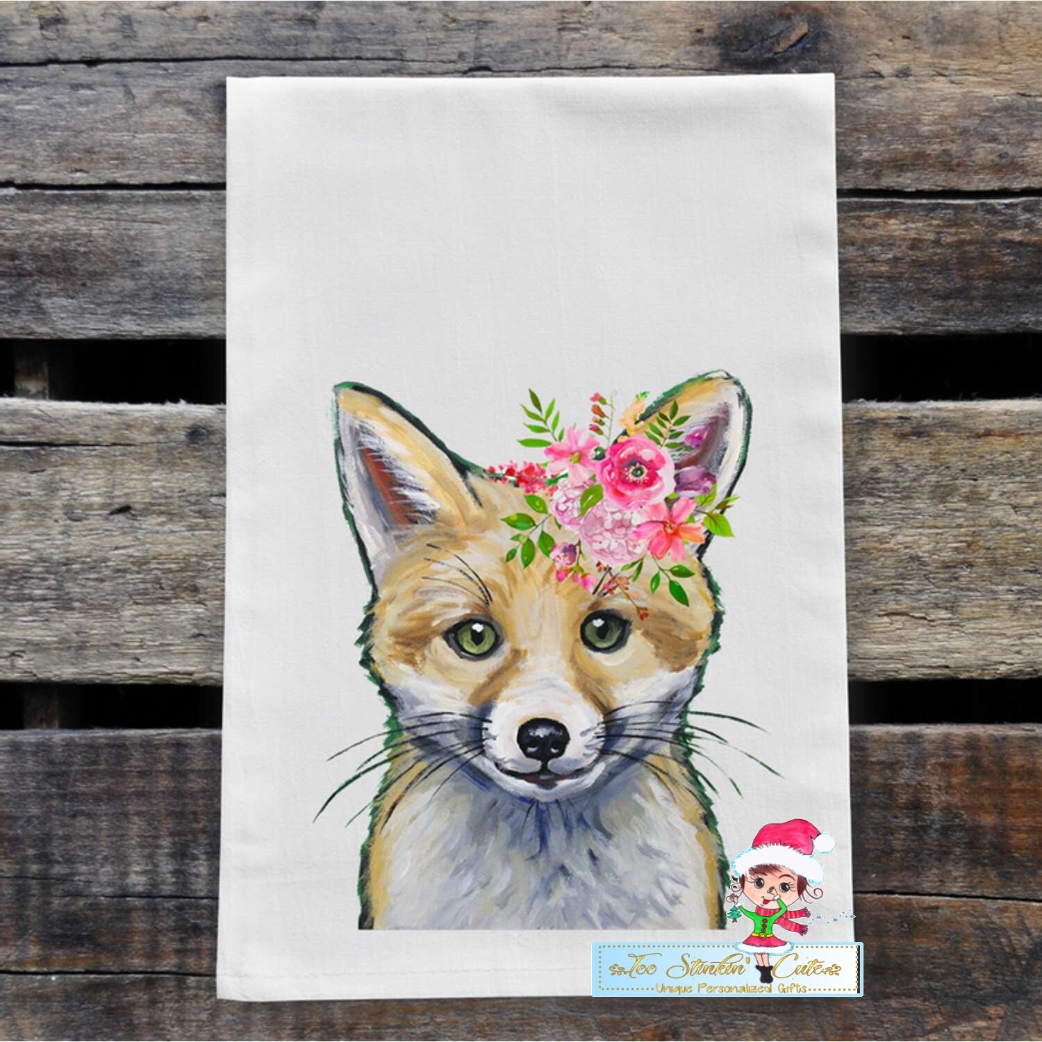 Fox with Spring Flowers Flour Sack Towel/ Tea Towel