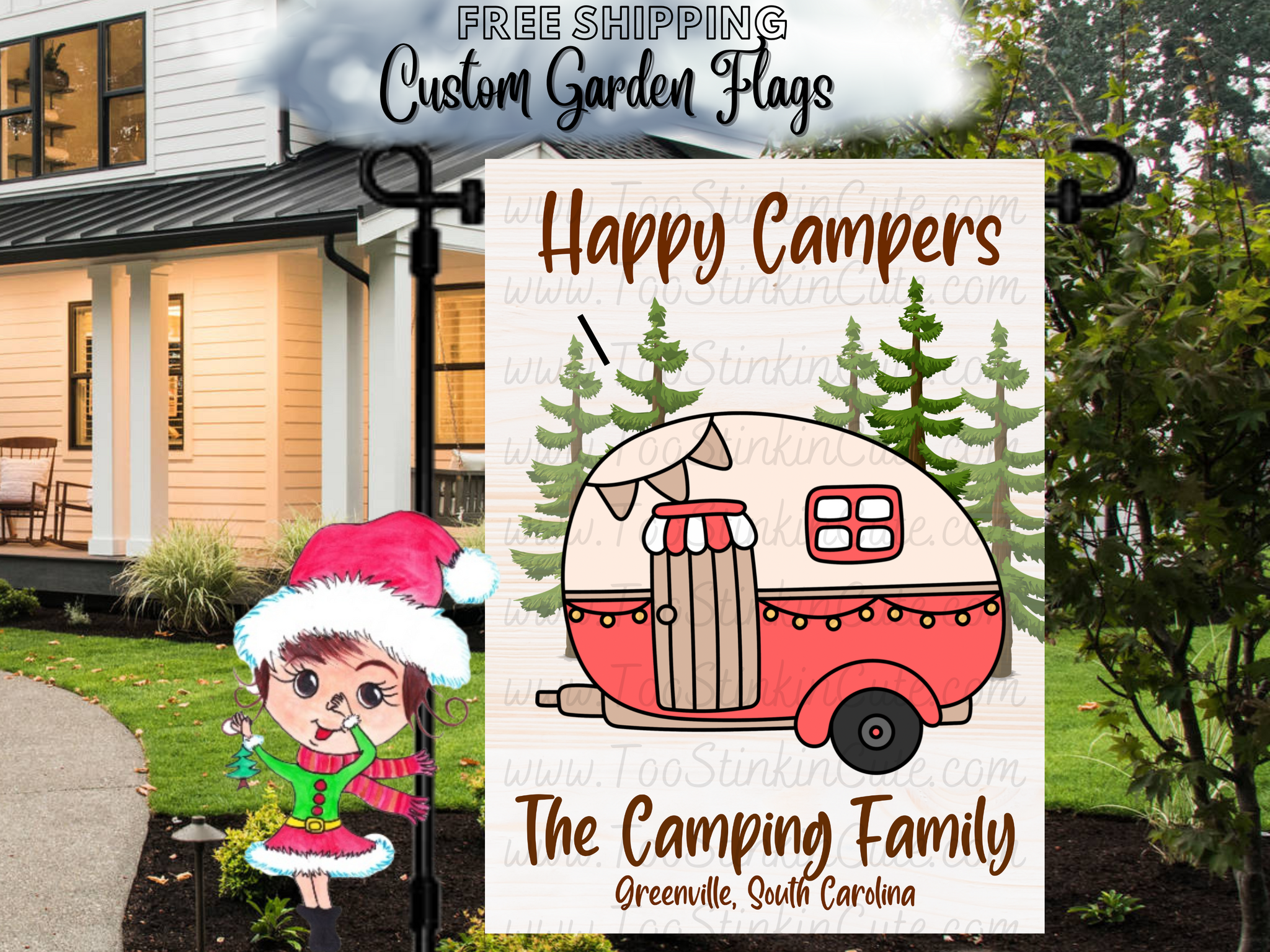 Personalized Pink Camper Garden Flag|Family Garden Flag|Camping Family|Camper Garden Flag|Garden Flag Camping|Camping Family Flag|Campsite
