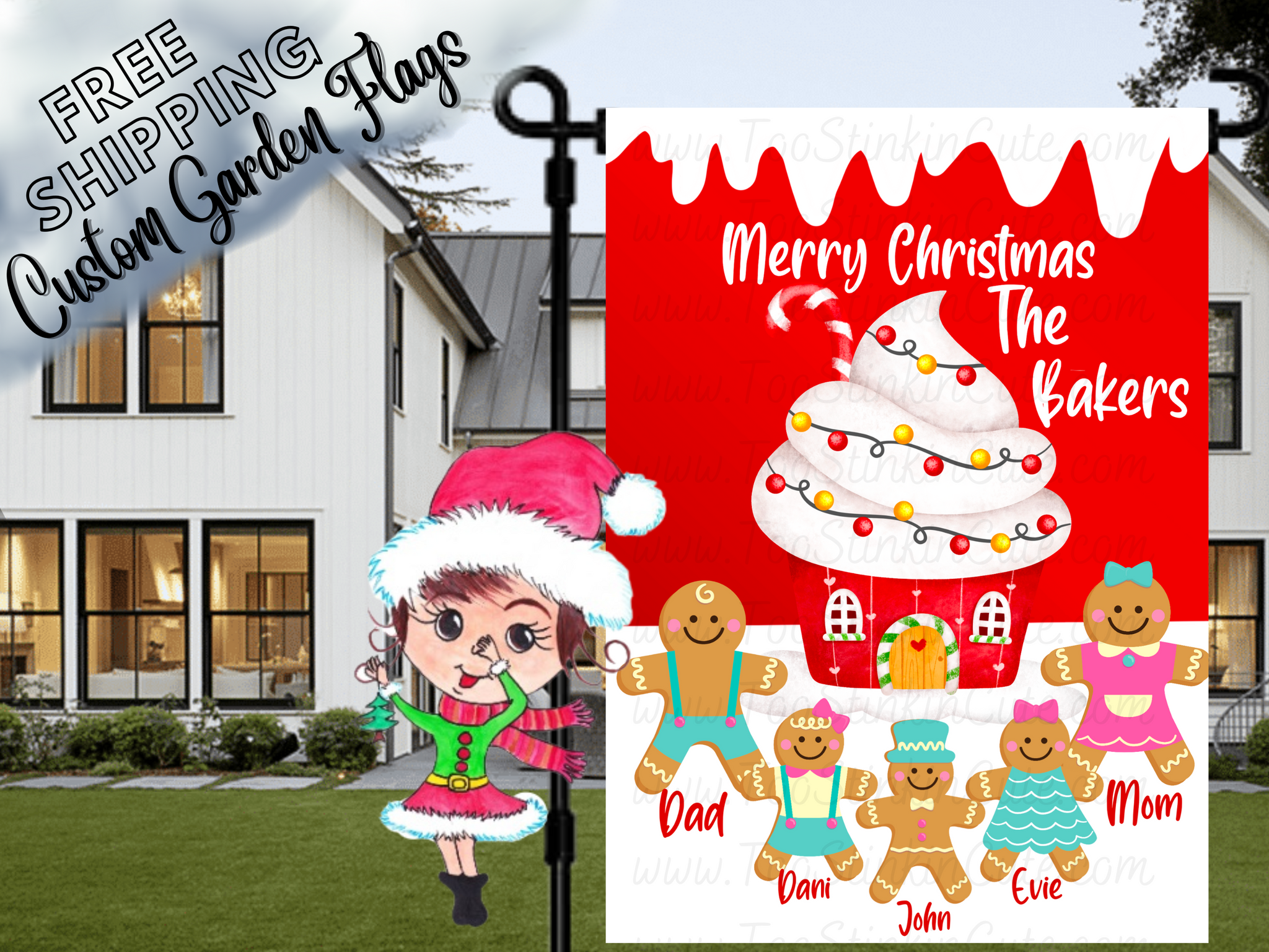 Personalized Gingerbread Garden Flag|Family Garden Flag|Gingerbread Family|Christmas Garden Flag|Garden Flag Christmas|Christmas Family Flag