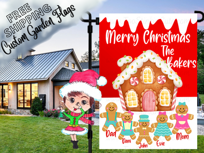 Red Merry Christmas garden flag mockup with a candy-decorated gingerbread house and named gingerbread family.