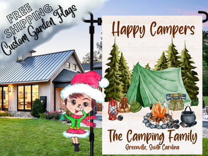 Happy Campers garden flag mockup with a green tent, campfire, kettle, pine trees and family name.
