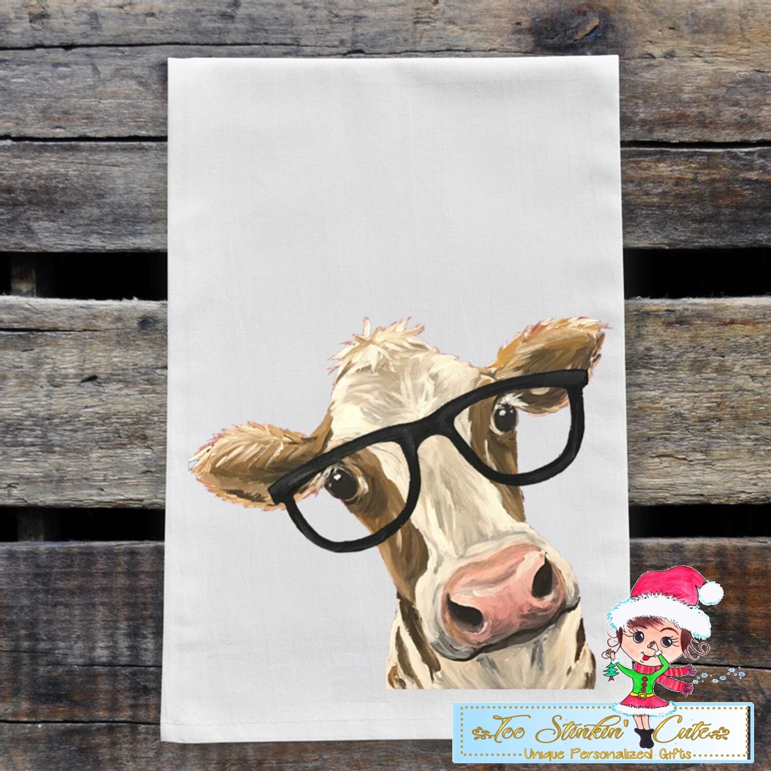 Farmhouse Cow with Glasses Flour Sack Towel/ Tea Towel