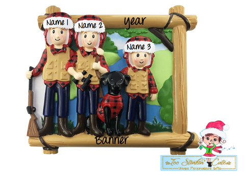 Personalized Christmas Hunting Family of 3 w/ dog Ornament|Camper Ornament|Camping Ornament|Happy Camper|Camping Gift|Happy Camper Ornament
