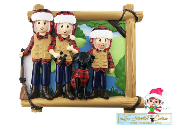 Personalized Christmas Hunting Family of 3 w/ dog Ornament|Camper Ornament|Camping Ornament|Happy Camper|Camping Gift|Happy Camper Ornament