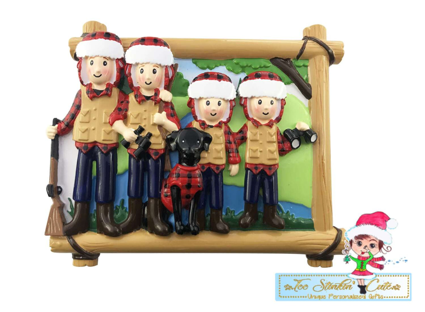 Personalized Christmas Hunting Family of 4 w/ dog Ornament|Camper Ornament|Camping Ornament|Happy Camper|Camping Gift|Happy Camper Ornament