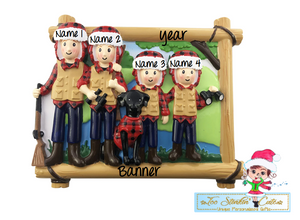 Personalized Christmas Hunting Family of 4 w/ dog Ornament|Camper Ornament|Camping Ornament|Happy Camper|Camping Gift|Happy Camper Ornament