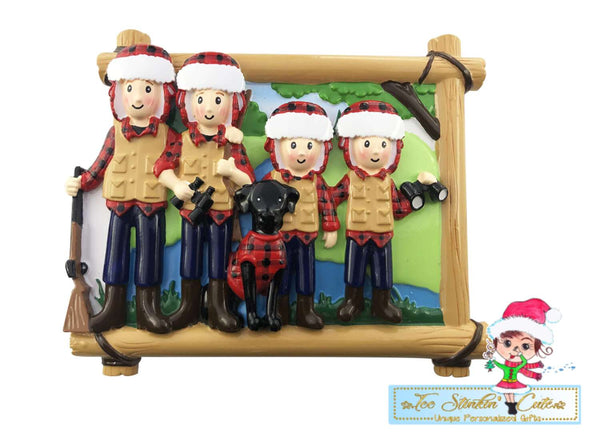 Personalized Christmas Hunting Family of 4 w/ dog Ornament|Camper Ornament|Camping Ornament|Happy Camper|Camping Gift|Happy Camper Ornament